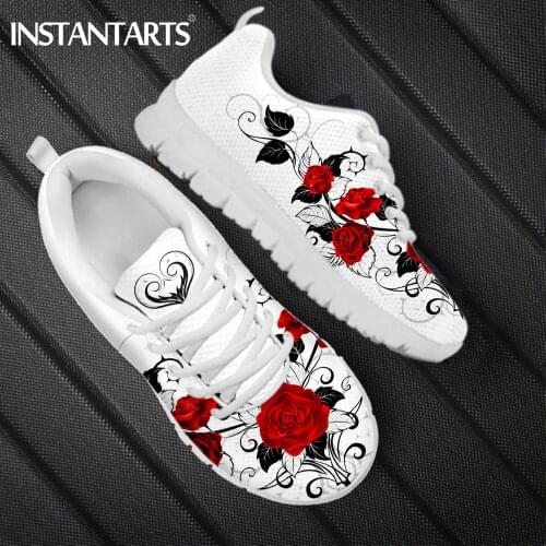 INSTANTARTS Gothic Rose Flower Printed Sneakers for Women Breathable Ladies Sport Flat Shoes Casual Vulcanize Shoes Ultra Light