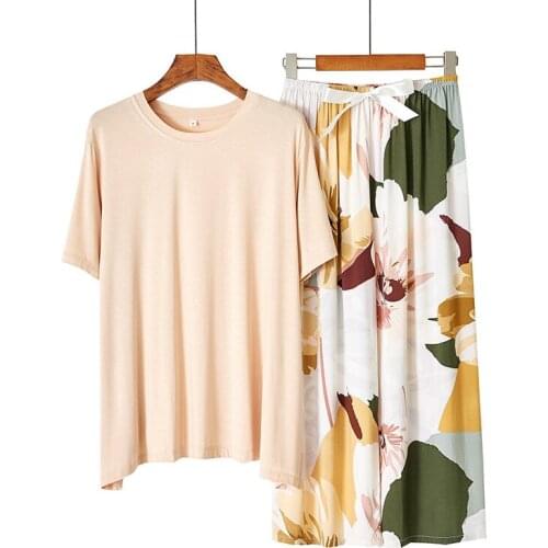 2 Piece Spring Summer Women Pajamas Sets Floral Printed Viscose Shirt Top and Long Pants Female Sleepwear Night Suit Pyjamas