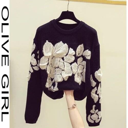 Women 3D Embroidery Floral Sweaters Vintage O-neck 2021 Knitted Pullovers Sueter Mujer Fashion Korean Jumper