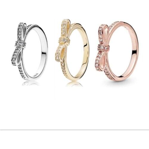 Authentic 925 Sterling Silver Pan Ring Fine SParkling Bow With Crystal Rings For Women Wedding Party Gift Fine Jewelry