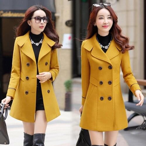 Casual Women blend 2021 New Yellow Autumn and Winter Coat Double-breasted Woolen Jacket Coat Female