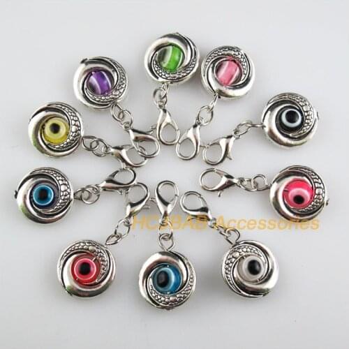 10 New Circle 15mm Charms Mixed Eye Resin Tibetan Silver Tone Retro With Lobster Claw Clasps