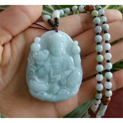 100% Natural Jadeite Jades Pendant 3 D Handmade Carved Guanyin Bodhisattva Pendants Mens Amulet Jades Jewelry +Beads Necklace