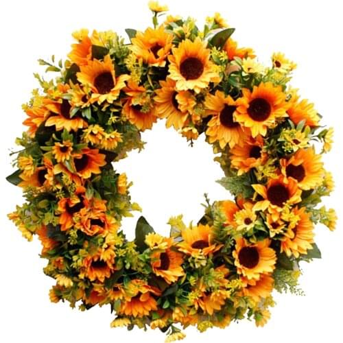 20inch Artificial Sunflower Wreath Front Door DIY Decorative Silk Lifelike Garland Green Leaves for Home Decor Photographing
