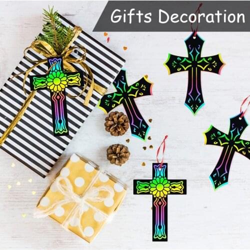60pcs DIY Magic Rainbow Scratch Kit Drawing Cross Art Ornaments Craft for Kids Favor Party Creative Scraping Paper Hanging Tags