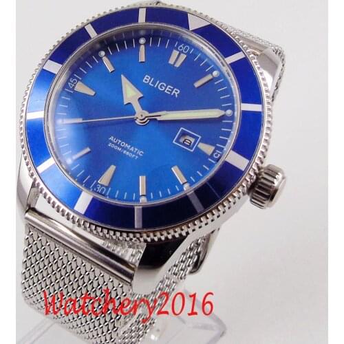 Bliger 46mm Blue dial Luminous Rotating bezel automatic mechanical mens Watch