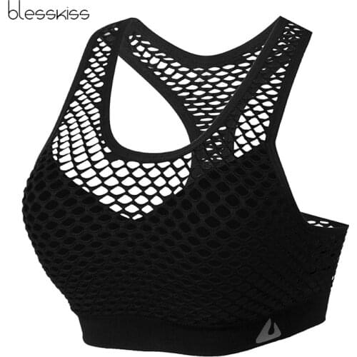 BLESSKISS Mesh Sheer Seamless Sports Bra Women Fitness Padded Push Up Hollow Out Yoga Top Gym Running Sport BH Athletic Wear
