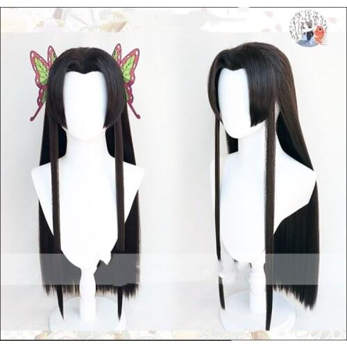 Demon Slayer Kimetsu no Yaiba Kochou Kanae Cosplay Wig Black Heat Resistant Synthetic Hair Wigs + Wig Cap+ Butterfly