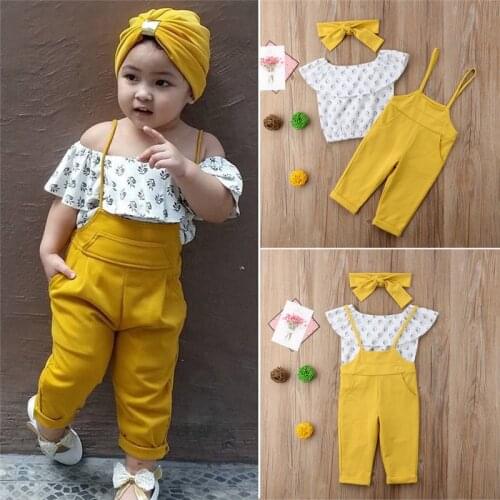 Toddler Baby Girls Kids Clothes Off Shoulder Floral print sleeveless Ruffle pullover Tops strap solid Trousers 2pc cotton outfit