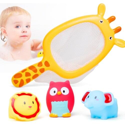 Baby Bath Toys Animals Swimming Water Toys With Net Fishing Colorful Soft Floating Rubber Animal Squeeze Sound Squeaky Toy