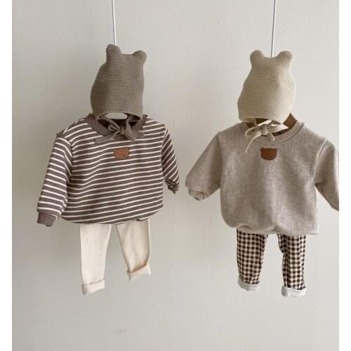 Childrens Hoodies Autumn Wintwer New Kids Cartoon Cotton Pullovers Korean Plus Velvet Striped Sweatshirts for Boys Girls 2-5 Y