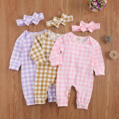 Toddlers Baby Girl Plaid Crew Neck Long Sleeve Romper Crotch Button Bow Hair Band Jumpsuits