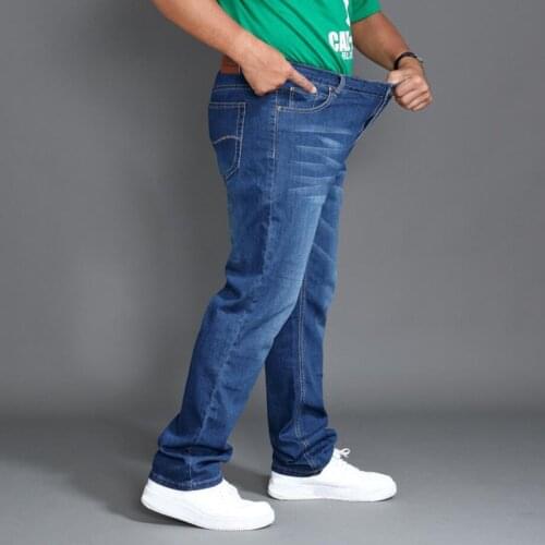 Classic Jeans Men Summer Long Pants Plus Size 44 46 48 High Waist Elastic Lightweight Spring Denim Trousers Smart Casual Jean