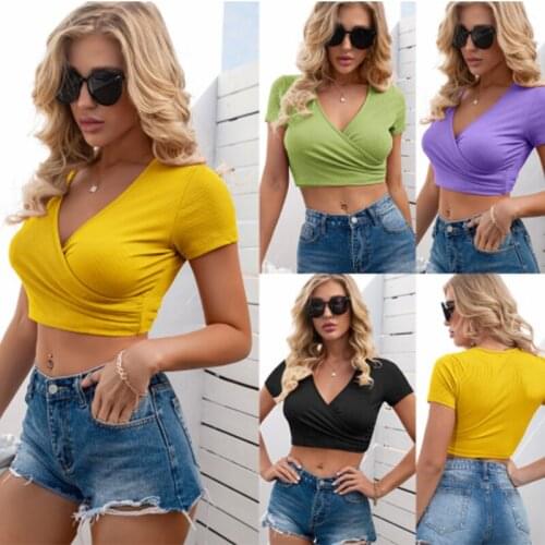 Sexy Showing Belly Button Tshirt Women Short Sleeve Tee Cropped T Shirt V Neck Solid Color Casual Shirts for Streetwear Summer
