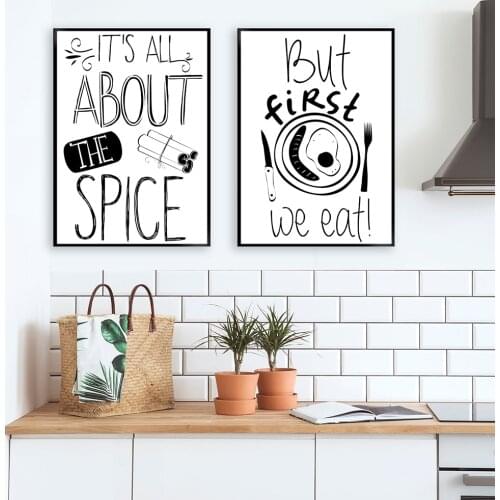 Canvas Painting Quotes But First We Eat Wall Art Kitchen Poster and Print Black White Wall Pictures for Living Room Home Decor