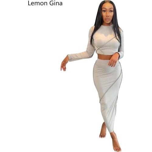 Lemon Gina 2021 New Long Sleeve T-Shirt Slimming Buttock Wrap Skirt Hemline Two-piece Set