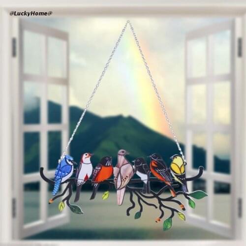 Multicolor Birds on Wire Stained Glass Suncatcher Window Panel Ornaments Hanging Pendant Home Decoration Gifts for Bird 11UA