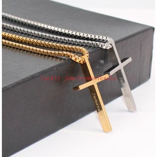 High Quality Stainless steel religious Emmanuel Cross Pendant Mens Necklace Box Link Chain 2.4mm 24