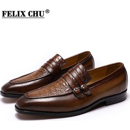 FELIX CHU Casual Business Mens Dress Shoes Genuine Leather Crocodile Print Brown Party Wedding Mens Loafers With Double Buckles