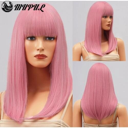 Womens Pink Colored Cosplay Natural Straight Long Synthetic Wig For White Women Heat Resistant Fiber Hair Female Party Wigs