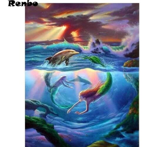 Full Square 5D DIY Diamond Painting Mermaid Dolphin Diamond Embroidery animal Cross Stitch Rhinestone Mosaic Painting Decor Gift