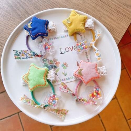 2PCS Cute Handwork Fabric Star Hairclips And Candy Color Acrylic Hair Rope Scrunchie Elastic Rubber Bands For Girls Headdress
