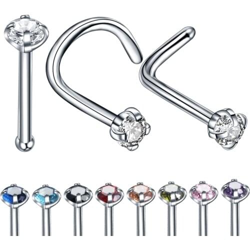 1PC Steel 20G 2mm Zircon Gem Bone Nose Stud Piercing Earring Mixed Color L Shape Nose Ring Prong CZ Nose Screw Piercings Jewelry