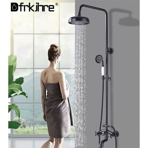 Bathroom Rainfall Shower Mixer Faucet Black Brass 8" Showerhead Dual Handle Bath Shower Set Shower Faucet System with Handshower