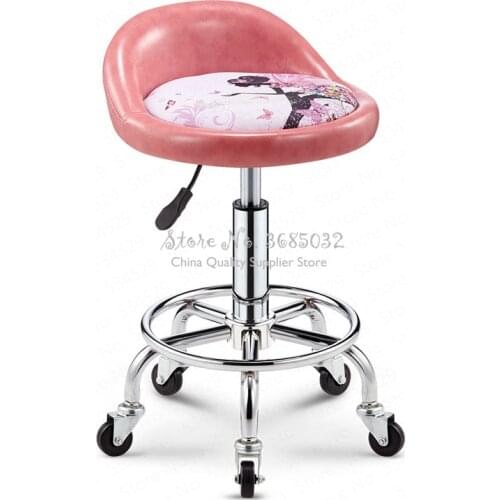Pink Bar Chair Lifting Rotating Bar Stool Chairs Home Swivel Chair High Stool PU Backrest Beauty Stool with Wheel 47-59cm High