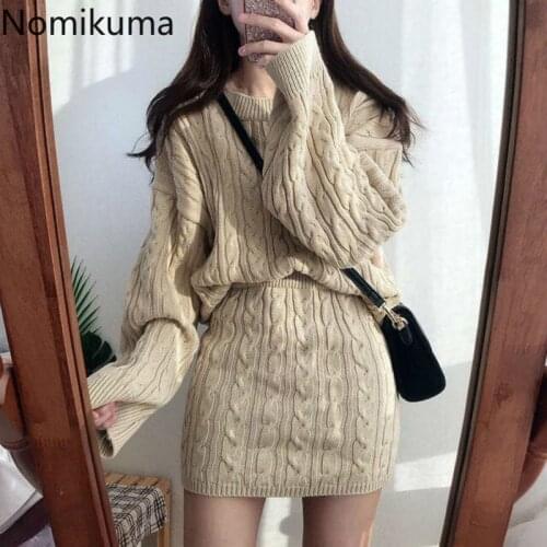 Nomikuma Knitted Two Piece Outfits Korean Twisted Women Pullover Sweater + High Waist Slim Mini Knitting Skirt 2020 New 6C903