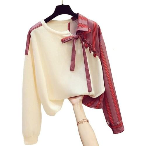 Spring Autumn Korean style Striped Stitching Pullover shirt Plus size Loose irregular Tops Long-sleeved Casual Women clothes