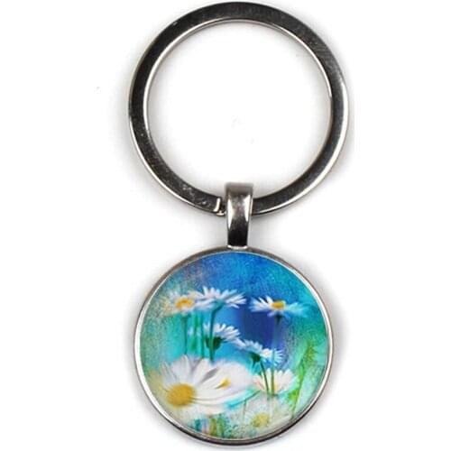 Vintage fashion flower Grass leaves pattern keychain charm bird and flower picture crystal pendant female key ring art fans gift