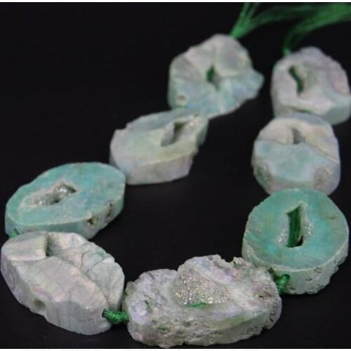 15.5"/strand Large Green Raw Agates Quartz Geode Druzy Freeform Slab Nugget Beads,Natural Roug Drusy Slice Pendant Jewelry