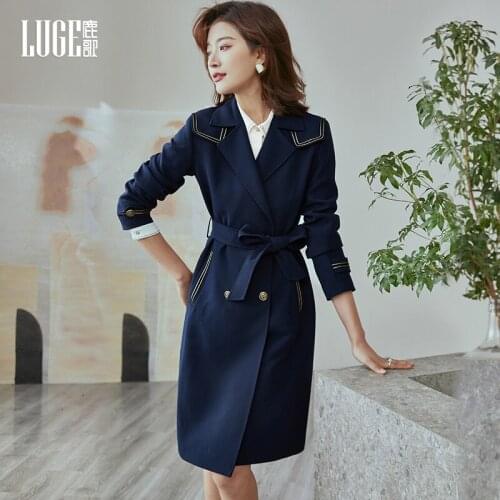 2021 autumn new fashion temperament British style coat waist closed double breasted windbreaker womens middle and