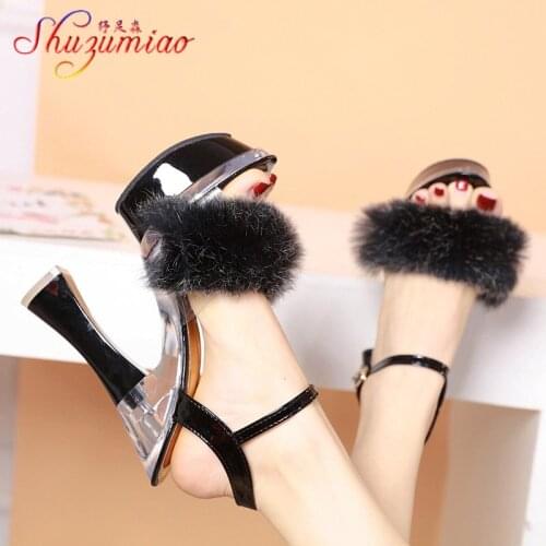 2019 Fur Woman Sandals Square Heel Open Toe High Heels 14cm Platform Sandals Shoes Woman Gladiator Party Dress Women Shoes Red