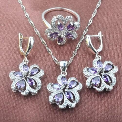 Fahion Flower Purple Stone White CZ Womens Silver Color Jewelry Sets Necklace Pendant Earrings Ring TZ0533