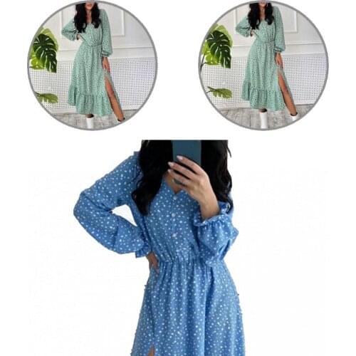 Split Sweet Irregular Dot Print Lady Dress Soft Autumn Dress Casual for Party