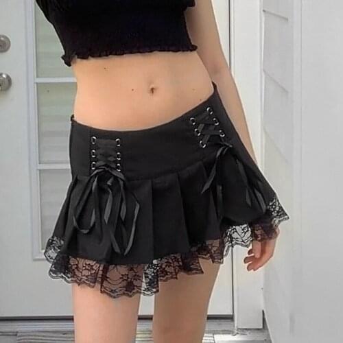 Women Dark Lace Pleated Dress Sexys Short Skirt With Irregular Straps For 2021 Fashion d88