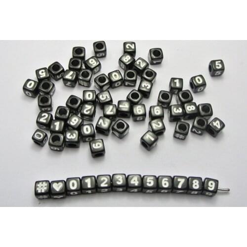 200 Black Assorted Number "#" Acrylic Cube Pony Beads 7X7mm