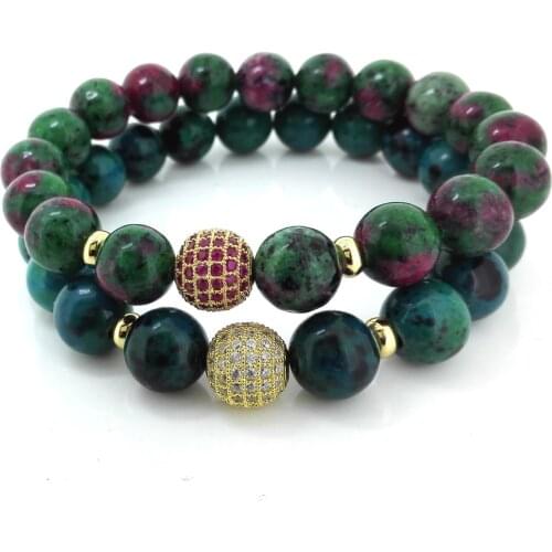 2017 Newest 10mm Zoisite Stone Beads Bracelet,Gold Color Brass Micro Pave Cubic Zirconia Charm Bracelet fit Men Women,Gift