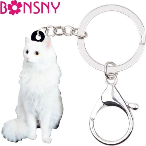 Bonsny Acrylic Snowy Fluffy Cat Kitten Key Chains Keychains Rings Animal Jewelry For Women Girls Handbag Car Charms Accessories