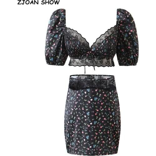2021 Holiday Spliced Lace Floral Print Short Puff sleeve Ruched Satin Crop Top Sexy Women Package hips Mini Skirt Set Summer