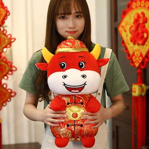 2021 Chinese New Year Cute Mascot Plush Red Cow in Tang Suit Soft Toy Kid Girlfriend Festival Birthday Gift Toys Home Decor