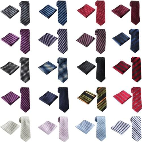 Men Classic Striped 8CM Wide Neckties Pocket Square Wedding Party Ties Hanky Set BWTHZ0379