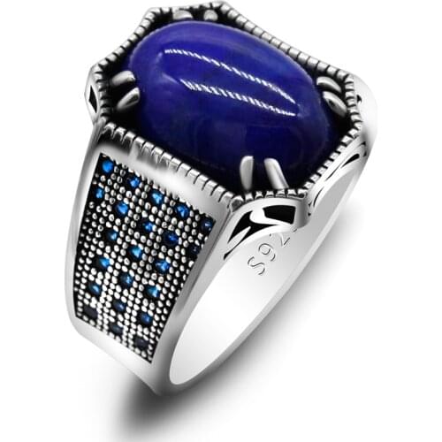S925 Silver Mens Ring Natural Lapis Lazuli Stone Rings Punk Blue Stone Mens Silver Rings Vintage Carved Turkish Jewelry Gift