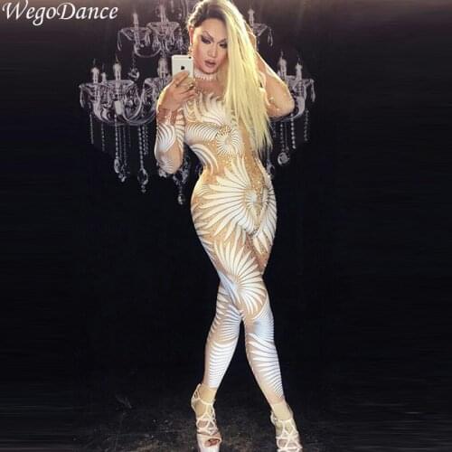New Sexy Geometric Patterns Jumpsuit Sparkly Stones Bodysuit Stage Wear WomenS Celebrate Female Singer Crystals Costume