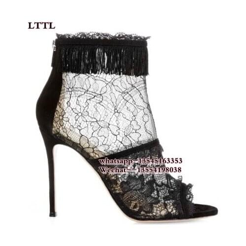 Sexy black white lace flower stiletto heels women ankle boots open toe back zipper party dress shoes woman high heel sandals