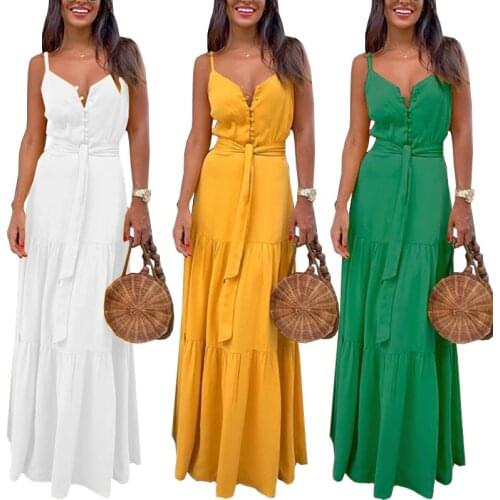 Sexy Slim-Fit Suspender Dress Vestidos Women Dresses Summer European And American Casual Clothing Button V-Neck Loose Long Skirt
