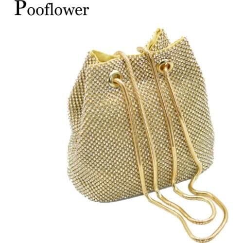 Pooflower Luxury Diamonds Women Evening Bags Lady Wedding Party Crystal Chain Shoulder Bucket Bags Totes Bolsa Feminina ZH029