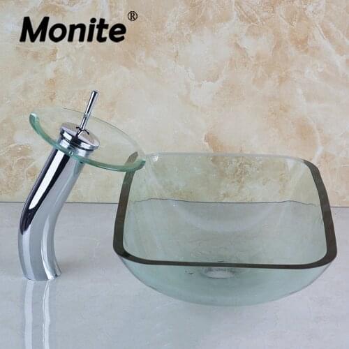 Monite Transparent Glass Basin Square Chrome Faucet Washbasin Bathroom Glass Sink With Water Pop Up Drain Basin Set